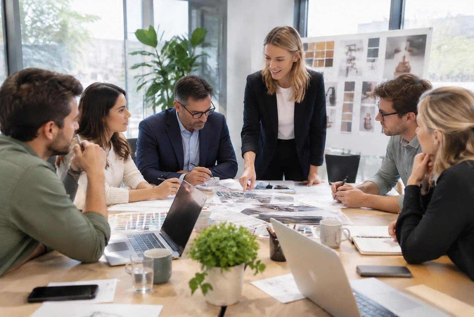 Professionals ontwikkelen samen met een trainer een creatief concept tijdens een AI Workshop