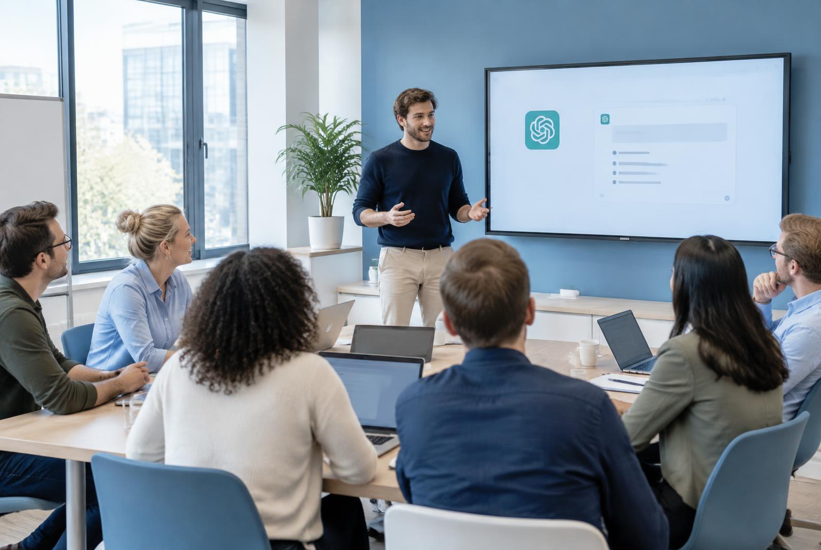Trainer legt de basis van ChatGPT uit aan een groep professionals in een lichte klasruimte