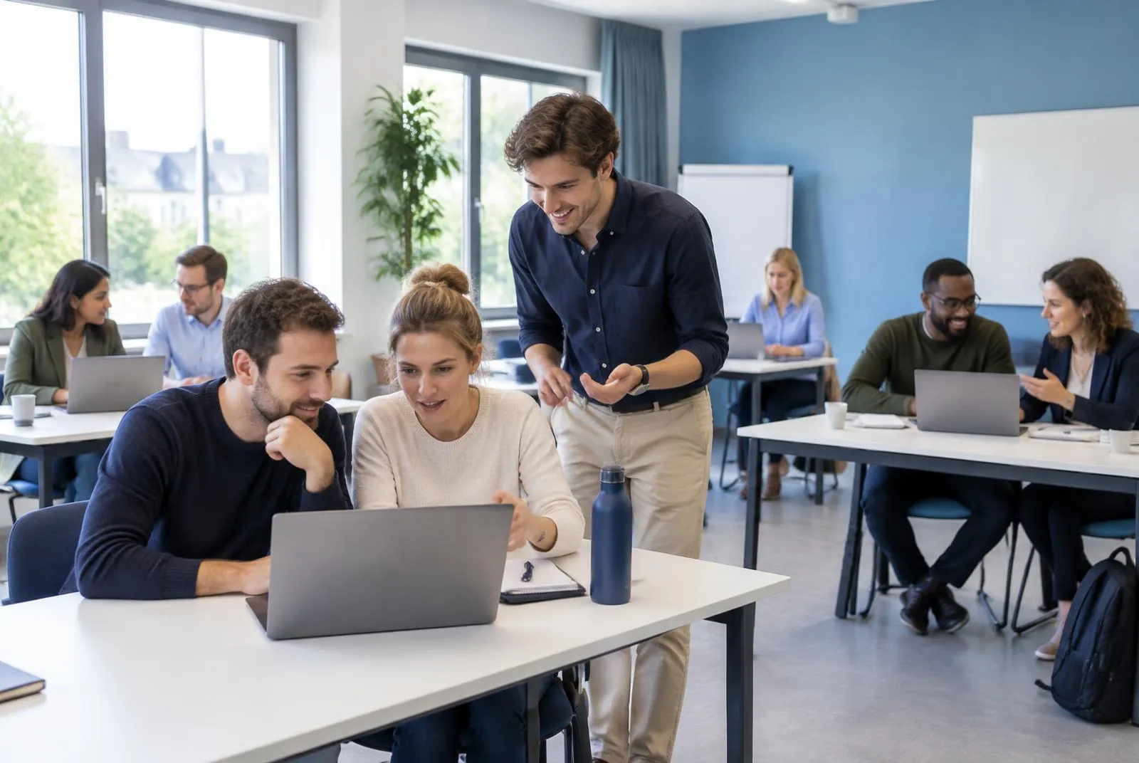 Deelnemers oefenen in tweetallen met ChatGPT tijdens een praktische AI-training