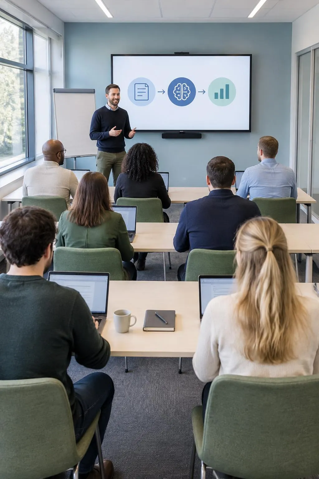 Trainer geeft medewerkers een praktische AI-training in een kleine groep