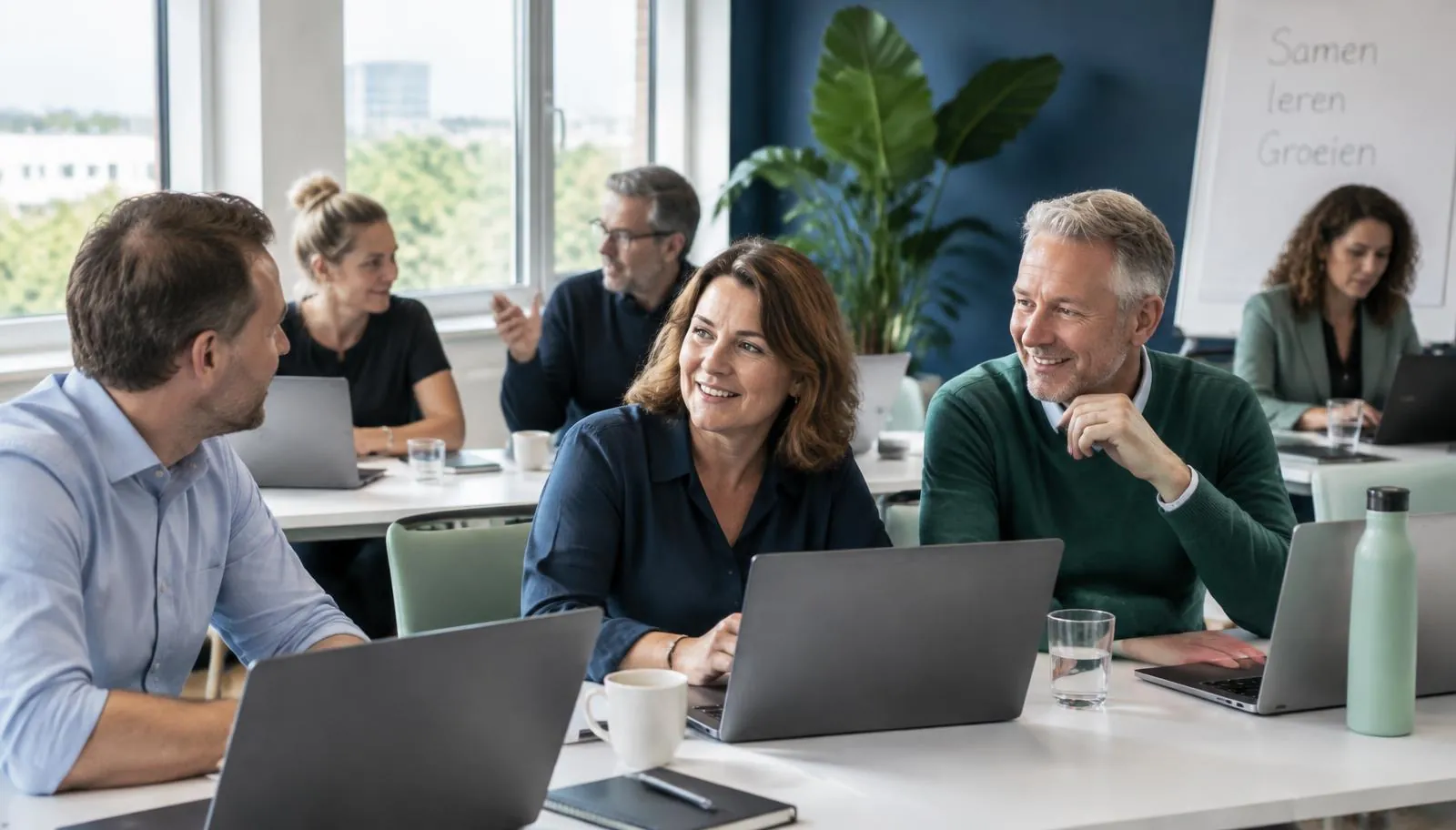 Medewerkers van verschillende leeftijden oefenen samen met AI tijdens een training